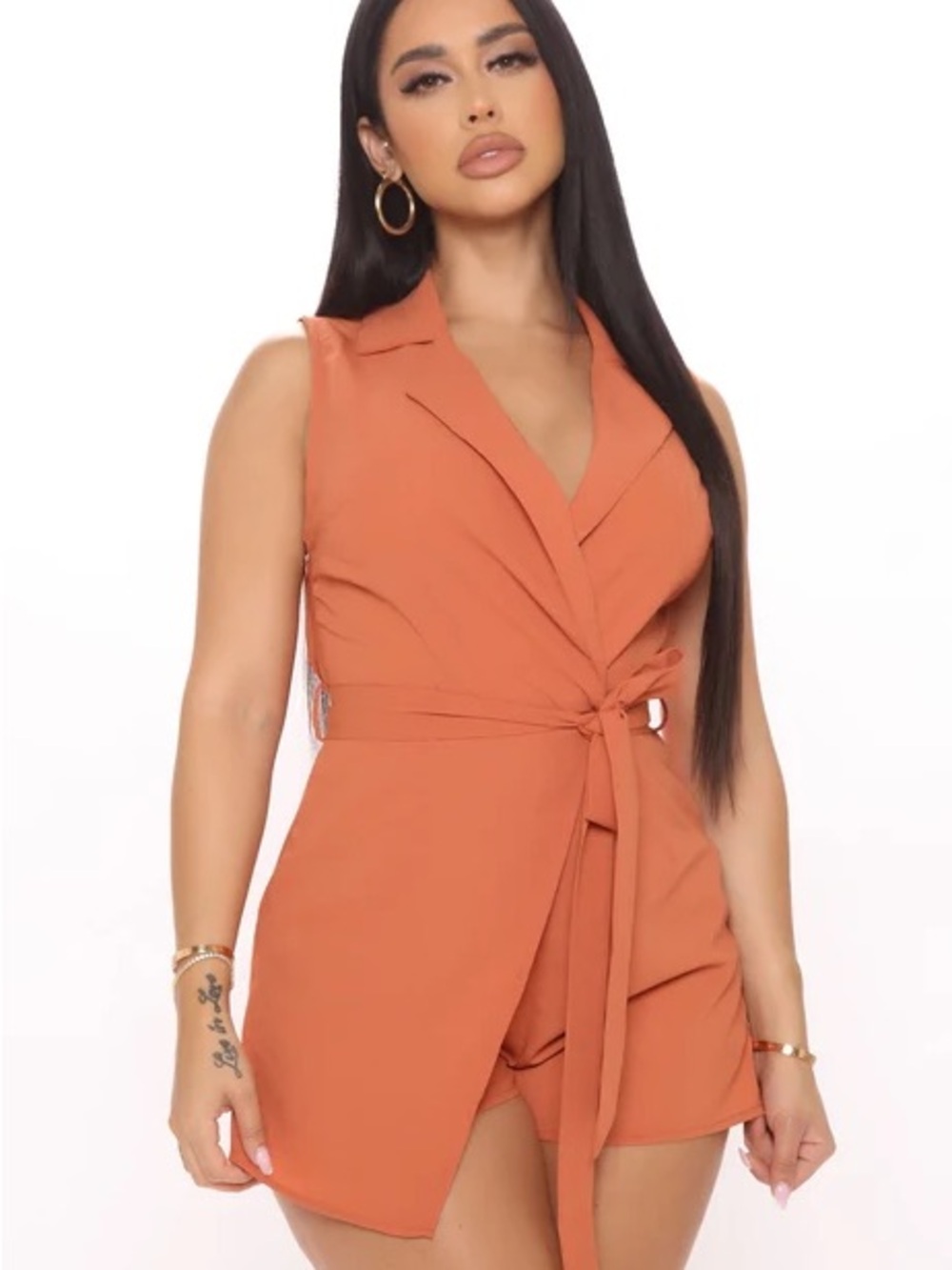 Fashion Nova Sleeveless Tie-Front Romper in Terracotta Orange